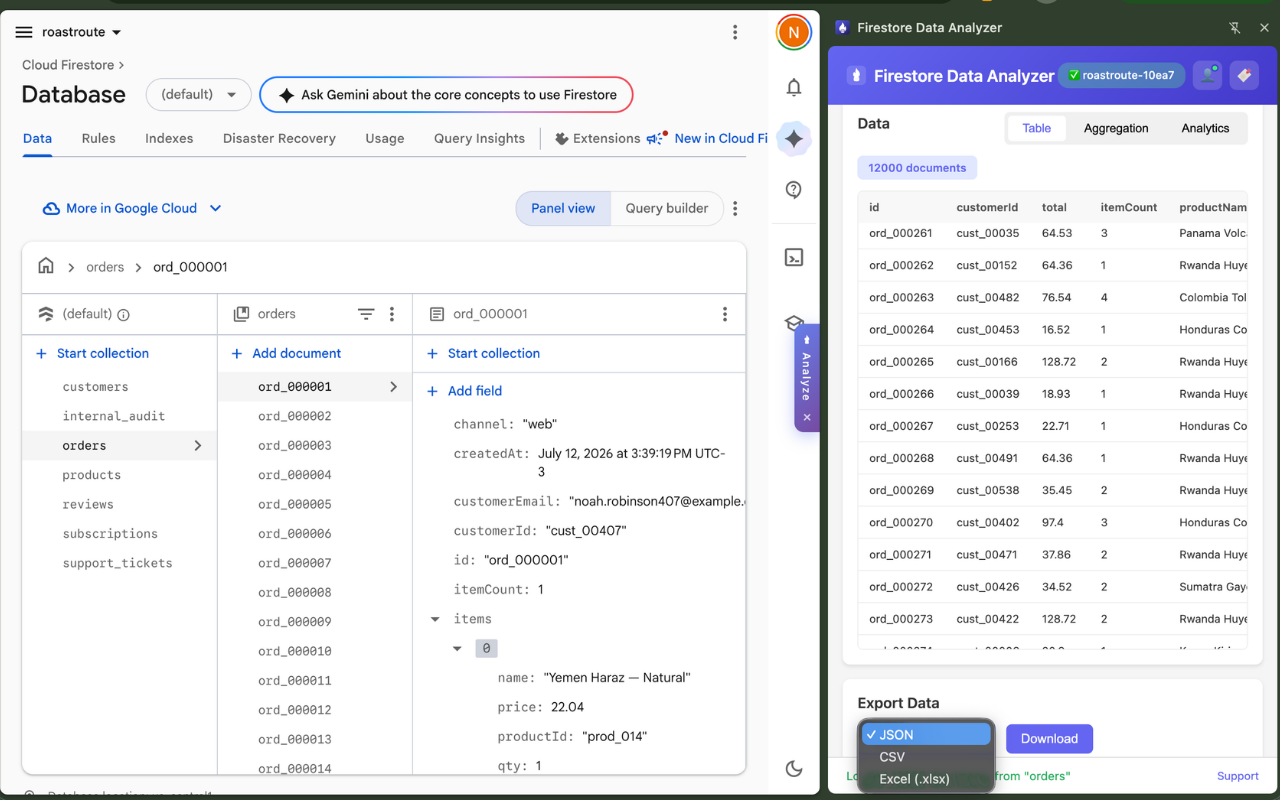 Export controls with the format selector showing JSON, CSV and Excel options