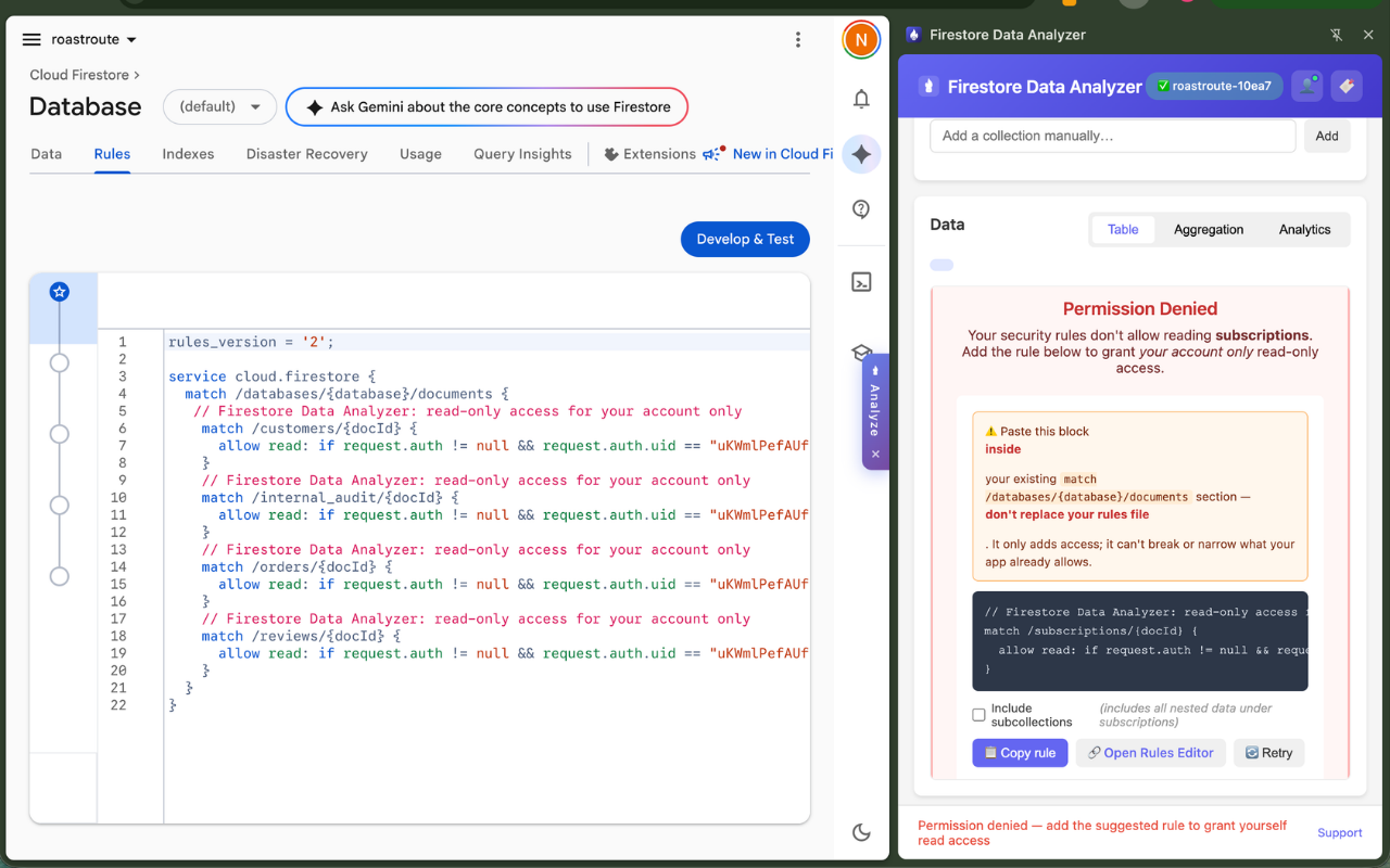 Security-rules helper panel with a generated rule snippet, copy button and retry button